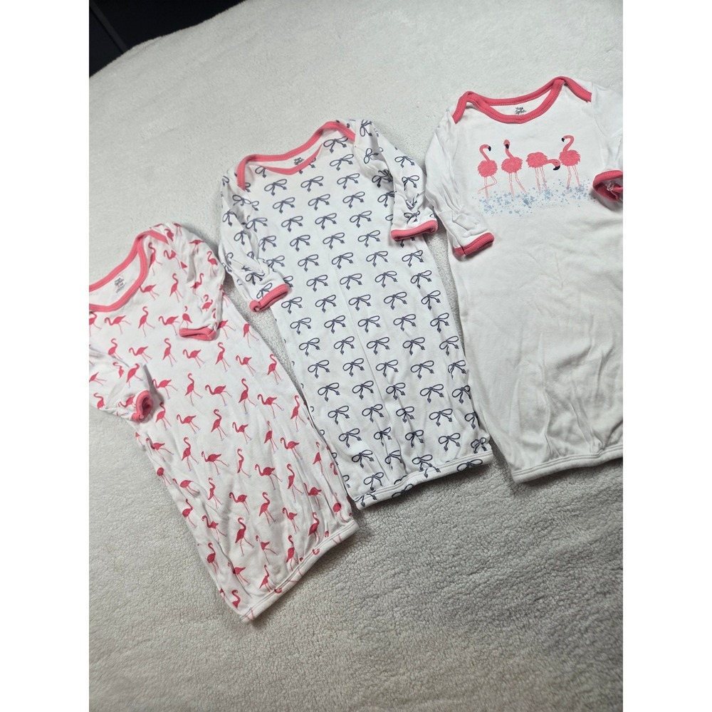Yoga Sprout Baby Girl 0-6M Flamingo Bow Cotton Sleep Gown 3 Pack White Pink Navy